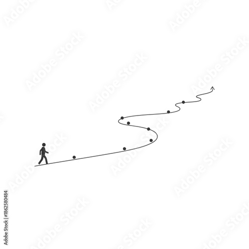 A solitary figure walks along a winding path marked by scattered spheres.