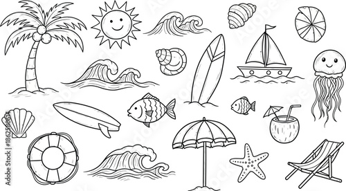 Beach vacation icons and symbols illustration