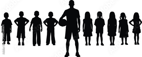 Silhouette of basketball coach leading diverse children team, symbolizing leadership, teamwork, mentorship, youth development, sports education concept