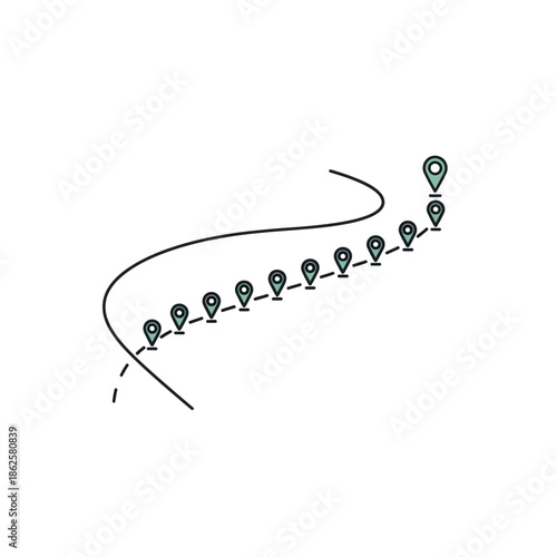 Map route with multiple location pins and a winding path.