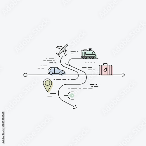 Diverse modes of transportation and travel icons on a winding path.