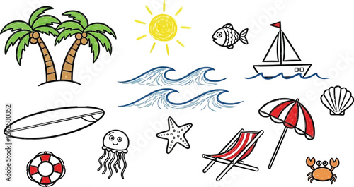 Beach vacation icons and symbols illustration