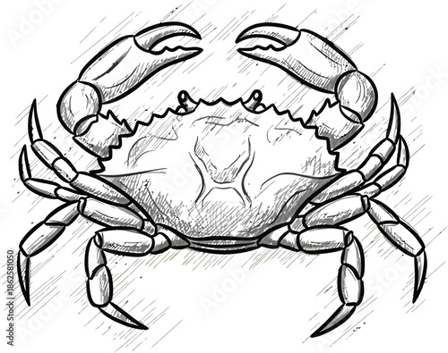 Sketch of a crab with raised claws against a subtle watercolor background texture