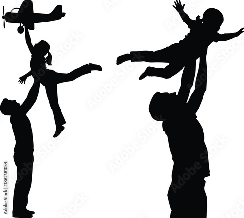 Father lifting children silhouette illustration, playful parenting moments, family love, childhood joy, imagination, trust, bonding, and happy fatherhood concept