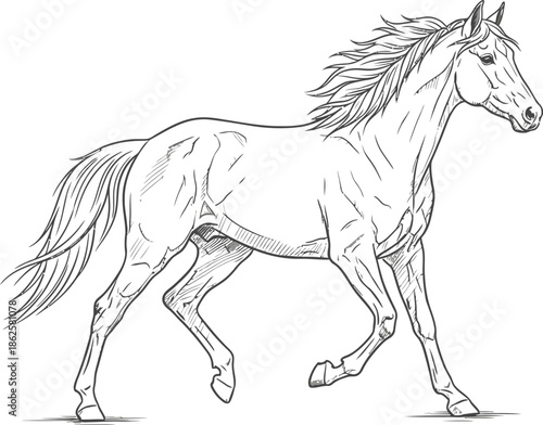 Elegant line art drawing of a powerful horse in motion against white background