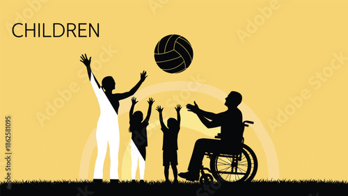 Children playing together silhouette illustration, inclusive childhood activity with wheelchair user, teamwork, equality, outdoor play, happiness, diversity, and social inclusion concept