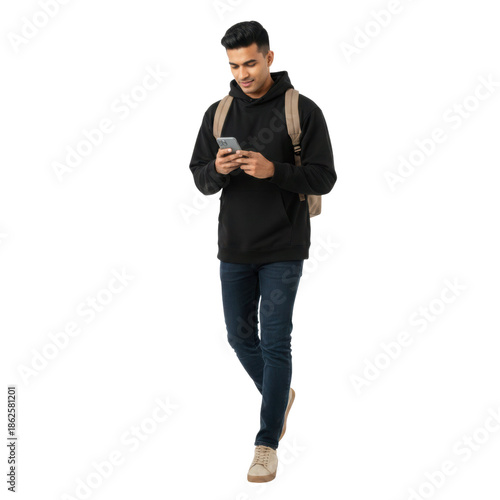 Focused South Asian student browsing phone walks with backpack, cutout isolated on transparent background