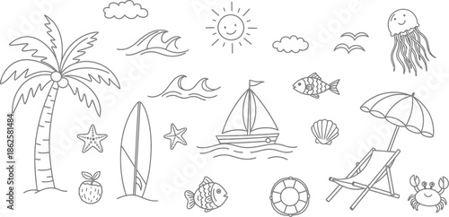 Beach vacation icons and symbols illustration