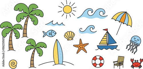 Beach vacation icons and symbols illustration