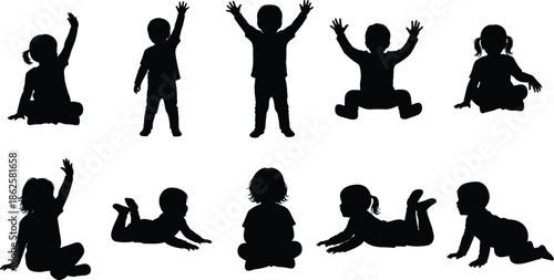 Set of baby and toddler silhouettes showing sitting, crawling, standing and jumping poses, child development stages illustration isolated on white