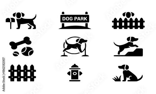 Dog Park Icon Set 2026, Minimalist Black Silhouette Icons Featuring Dogs Playing Fetch Agility Bone Ball Fire Hydrant Fence Leash, Vector Illustration for Pet Care Vet Signage Sticker Logo Design