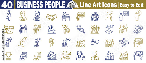 Set of 40 business people line icons collection featuring professional office workers and corporate teamwork concept Vector Illustration.