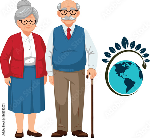 Elderly couple illustration representing senior lifestyle, healthy aging, retirement life, family values, longevity, care, and global well being concept