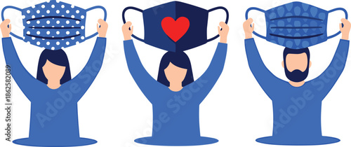 People holding protective face masks illustration symbolizing public health awareness, pandemic safety, disease prevention, community care, and responsible healthcare behavior concept