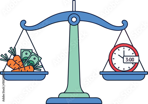 Balance scale illustration comparing money and time, symbolizing work life balance, financial priorities, productivity, decision making, and modern lifestyle concept