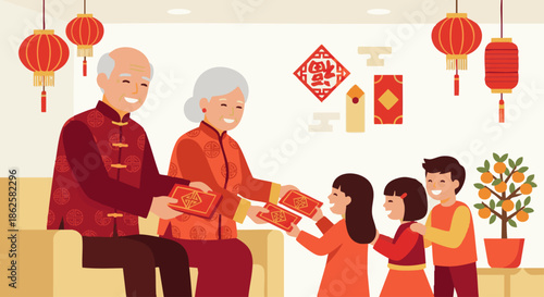 “Flat vector illustration of elders giving red envelopes to children during Chinese New Year, smiling characters, red envelopes with gold patterns, festive indoor scene, traditional Chinese decor