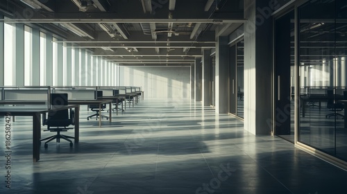 Modern Empty Open Office Interior with Large Windows and Sunlight