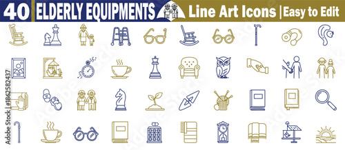 Elderly equipments line art icons for senior healthcare aging lifestyle nursing home assistance and medical care Vector Illustration.