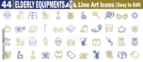 Elderly equipment line art icons set for geriatric care mobility aid nursing home services and senior lifestyle Vector Illustration.
