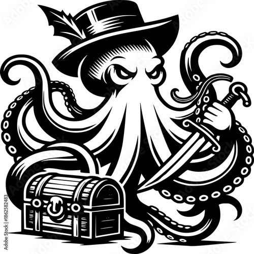 Oceanic Buccaneer: A formidable octopus, adorned in a distinguished hat, clutches a gleaming dagger while guarding a treasure chest, exuding an air of maritime mystery.