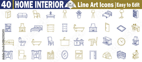 Home interior icon set featuring furniture living room items kitchen appliances line art design for housing decor Vector Illustration.