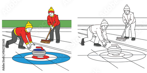 Curling sport vector illustration and coloring book page for kids featuring two players sweeping and sliding stone on ice rink