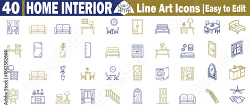 House furniture linear icons set for home interior planning architecture and residential building design projects Vector Illustration.