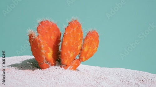 オレンジ色のサボテンが砂の上に立つ