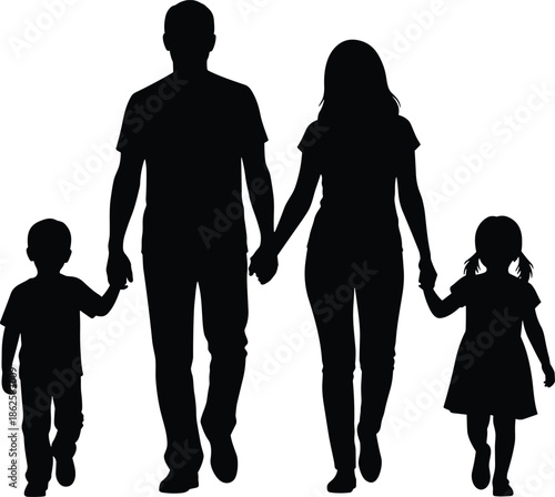 Family silhouette parents walking holding hands with son and daughter isolated black vector illustration love togetherness lifestyle concept modern design