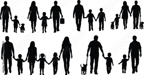 Family silhouettes walking together with parents children and pets black vector illustration for community lifestyle unity concept design social bonding