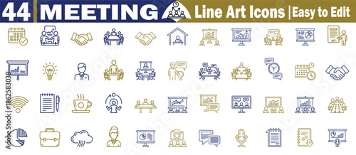 Business meeting line art icons for team collaboration presentation management and corporate communication pack Vector Illustration.