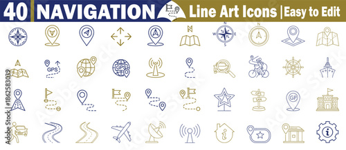 Navigation line art icons set for global positioning system map tracking travel routes and transportation guide Vector Illustration.