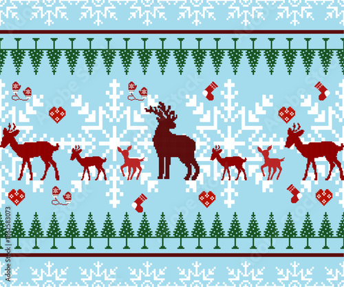 Seamless Christmas knit pattern featuring reindeer family, snowflakes, pine trees, hearts, mittens and socks in pixel art and Nordic style. Cozy winter holiday design id