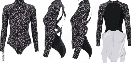 Floral long sleeve bodysuit fashion illustration front back side and inside views vector apparel design activewear swimwear women modern mockup