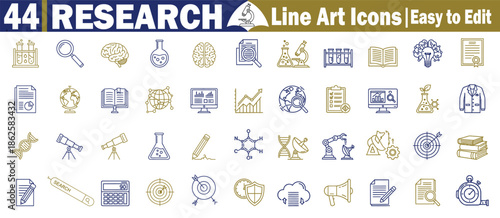 Modern research and innovation line art icons set with technology and engineering symbols for creative projects Vector Illustration.