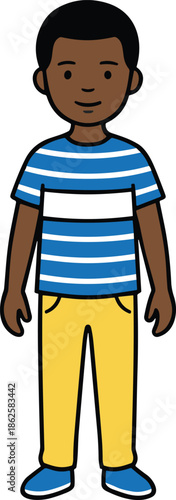 cute,cartoon,boy,illustration,smiling,child,male,character,standing,casual,clothing,striped,shirt,kids,youth,human,figure,vector,design,clipart