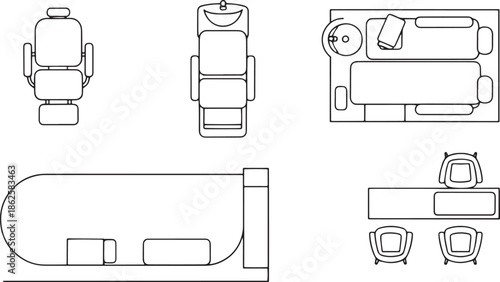 A comprehensive top-down architectural plan of a beauty salon interior, presenting various furniture arrangements for a comprehensive view of the salon layout.