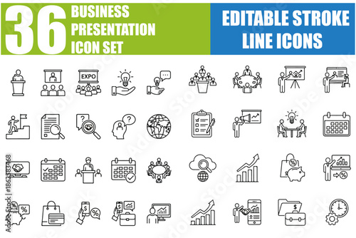 Business Presentation Icon Set - Seminar, Meeting, Whiteboard, Conference, Business People, Business Plan, Keynote, Audience, Briefing and More - Editable Line Icons, Vector Illustration for Adobe Sto