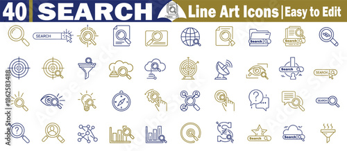 Online search line art icons featuring magnifying glass internet browsing data discovery and technical analysis set Vector Illustration.