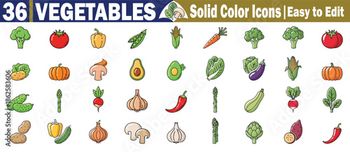 Vegetable icon set with 36 unique items in solid color style including broccoli tomato pepper corn and avocado Vector Illustration.