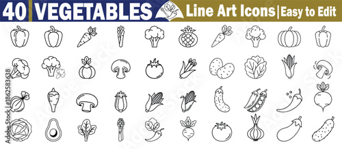 Collection of 40 line art vegetable icons in outline style containing pepper carrot broccoli tomato and eggplant Vector Illustration.