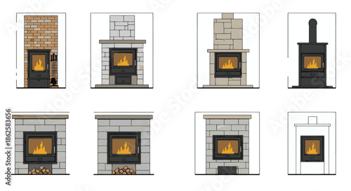 An assortment of architecturally diverse fireplaces, each with a warm, inviting glow, showcasing varied designs and textures.