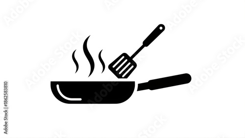 Frying Pan with Spatula and Steam Icon cooking food