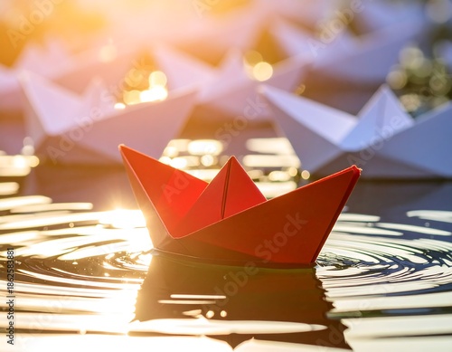 Close-up of a red paper boat floating with other white boats on rippled water