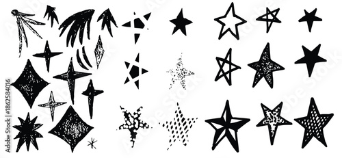 Crayon drawn sparkle stars set. Space shine shapes and bling's doodle pack. Comets, twinkle and blinking. Stars and flash fire brush illustration. Chalk crayon texture element.