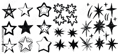 Crayon drawn sparkle stars set. Space shine shapes and bling's doodle pack. Comets, twinkle and blinking. Stars and flash fire brush illustration. Chalk crayon texture element.