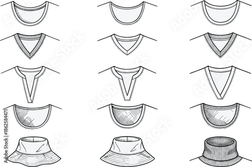 Clothing neckline types technical fashion illustration set, crew v neck scoop henley turtleneck designs, apparel detail sketches, vector flat reference