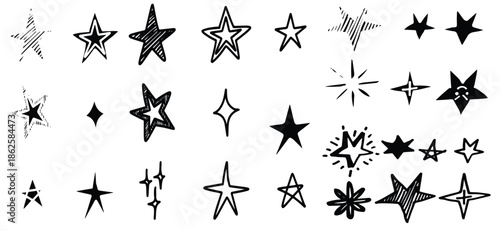 Crayon drawn sparkle stars set. Space shine shapes and bling's doodle pack. Comets, twinkle and blinking. Stars and flash fire brush illustration. Chalk crayon texture element.