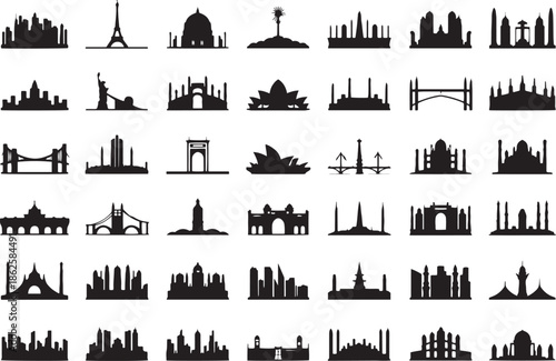 Set of black urban city skyline silhouettes featuring vector illustrations of architecture, skyscrapers, London landmarks, and business buildings for travel and town design