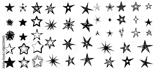 Crayon drawn sparkle stars set. Space shine shapes and bling's doodle pack. Comets, twinkle and blinking. Stars and flash fire brush illustration. Chalk crayon texture element.